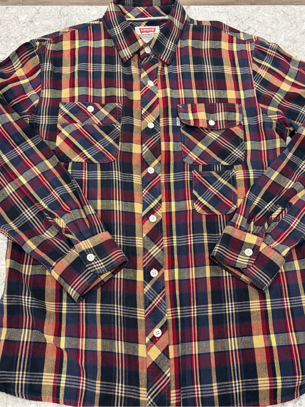 Levi's Men's Red & Navy Plaid Flannel Shirt-Large